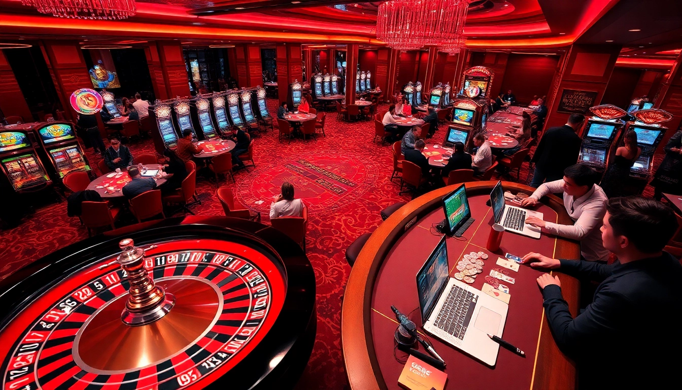 Players enjoying games at an MB66 casino, with roulette wheel action and vibrant slot machines.