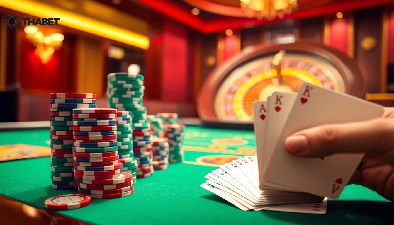 THABET online gambling scene with poker chips and roulette wheel, showcasing excitement and professionalism.