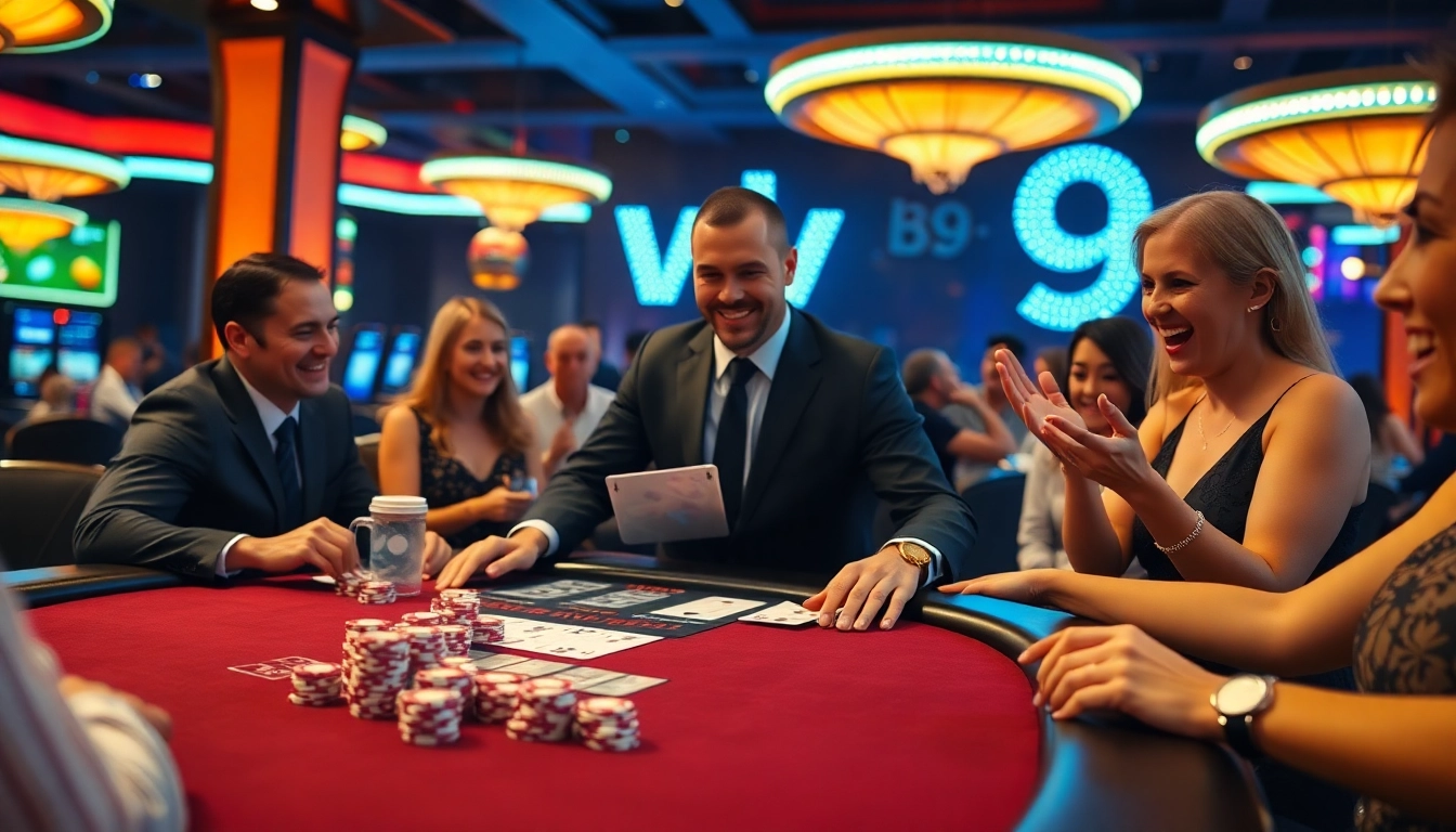 Players enjoying blackjack at a vibrant casino featuring vb9 betting slips and exciting atmosphere.