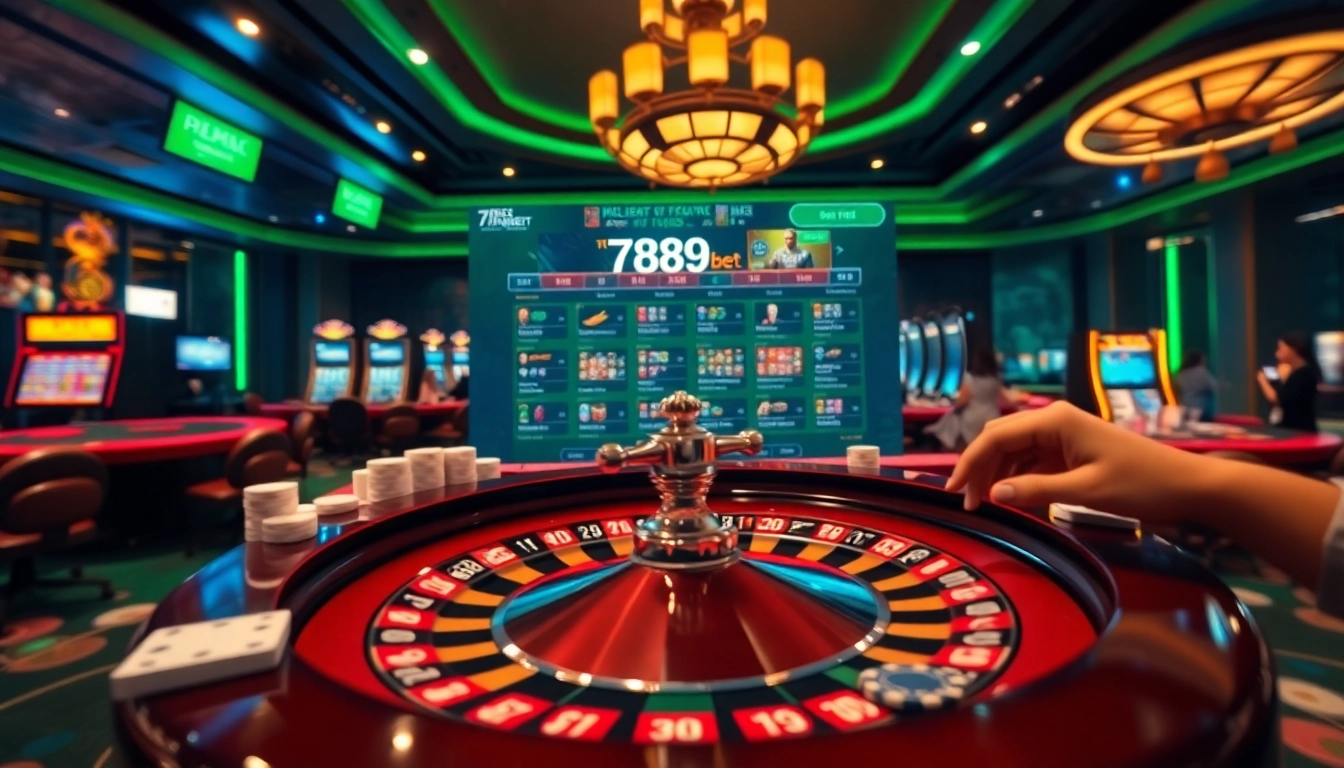 Experience thrilling gameplay with 789bet at a luxurious casino setting featuring a roulette wheel and vibrant betting interface.