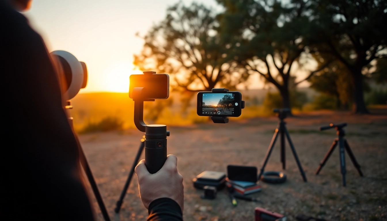 Smartphone-Gimbal in action, stabilizing footage during outdoor video filming.