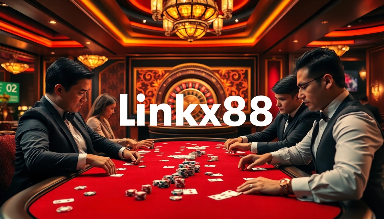 Exciting poker scene with players focused on their game at link xx88 casino.