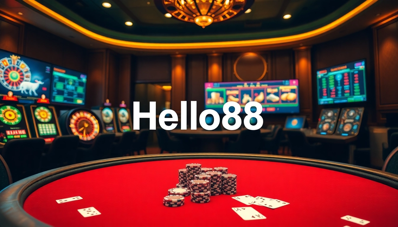 Hello88 casino display featuring glamorous poker chips, cards, and a roulette wheel in an upscale gaming environment.