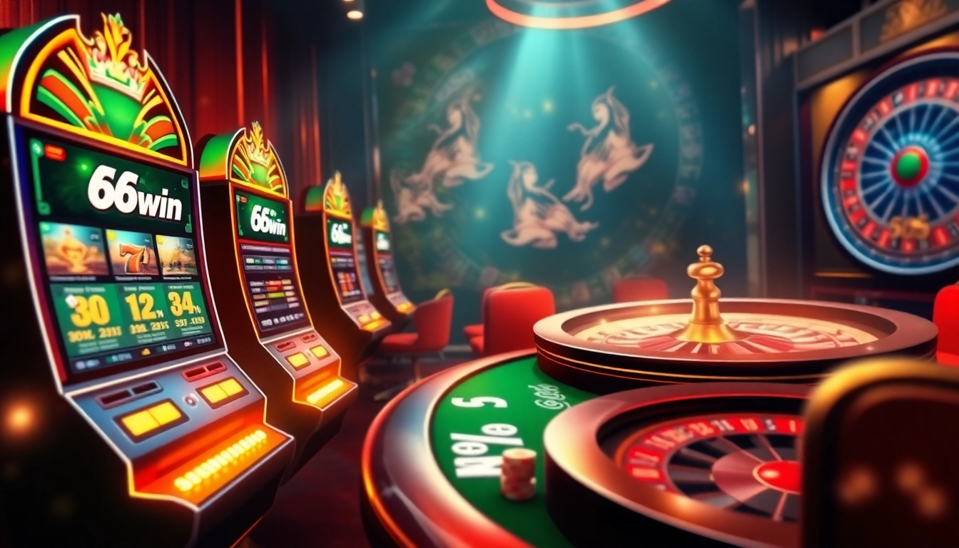 Experience the thrill of winning at 68win with vibrant slot machines and a luxurious poker setup.