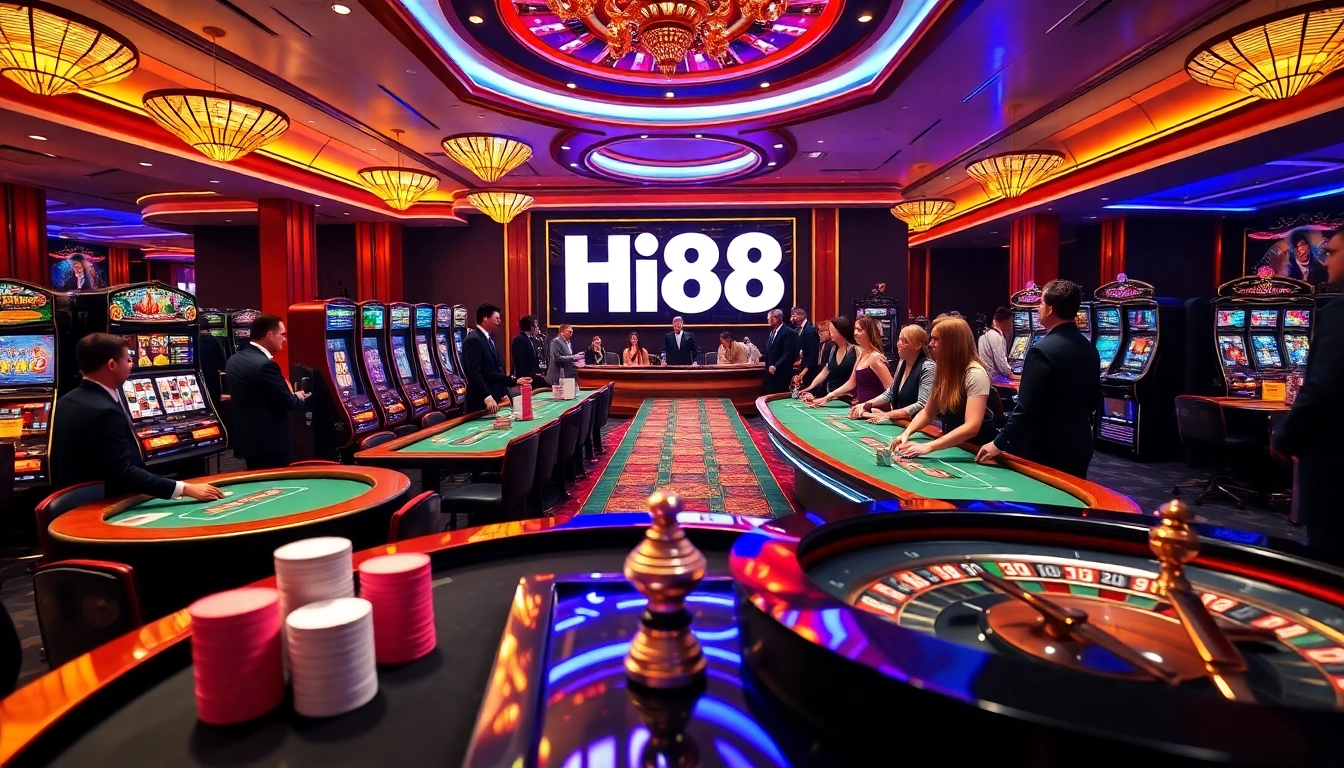 Hi88 casino scene showcasing vibrant games and excited players in a luxurious setting