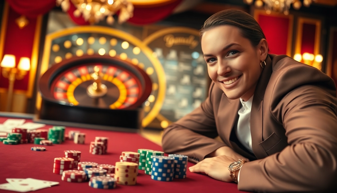 Experience the thrill of gaming at http://789winf.com/ with a dramatic casino scene featuring poker chips and roulette.