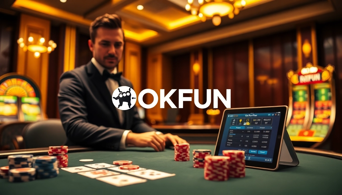 Win big at OKFUN's exciting online casino featuring vibrant poker tables and slots.