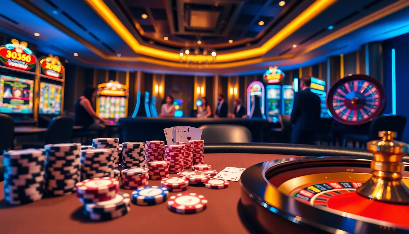 Engage in high-stakes poker at a Fun88 casino table surrounded by thrilling slot machines.