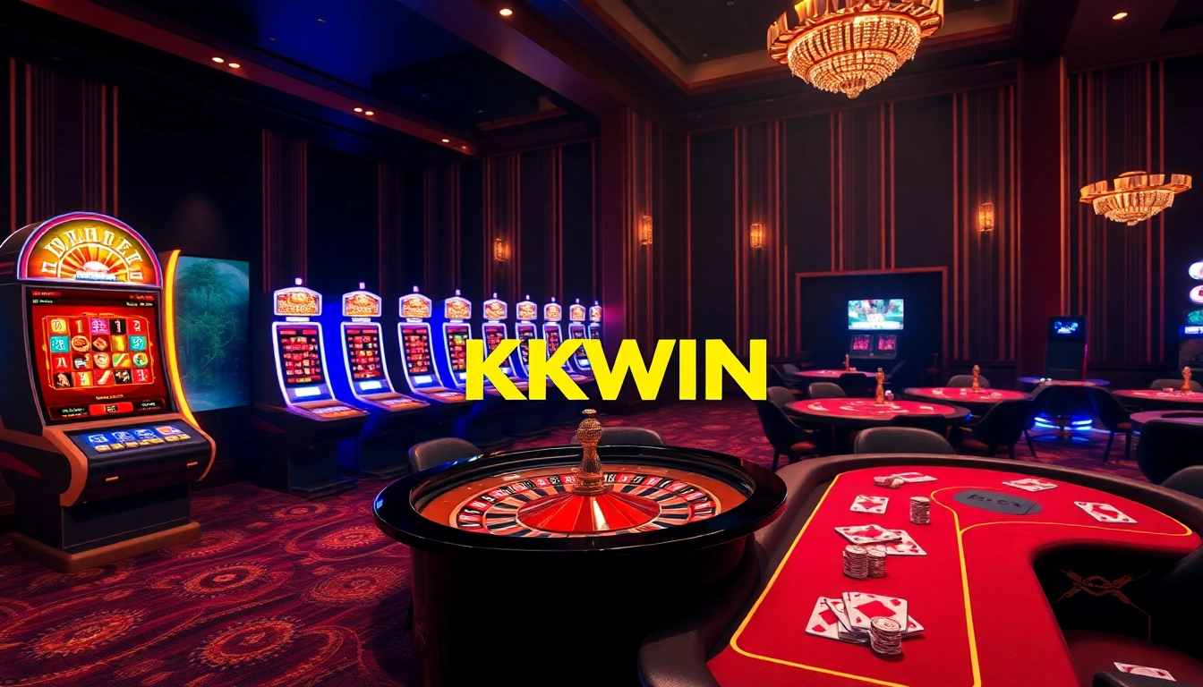 Experience the excitement of KKWIN with a vibrant virtual casino scene featuring roulette and slot machines.