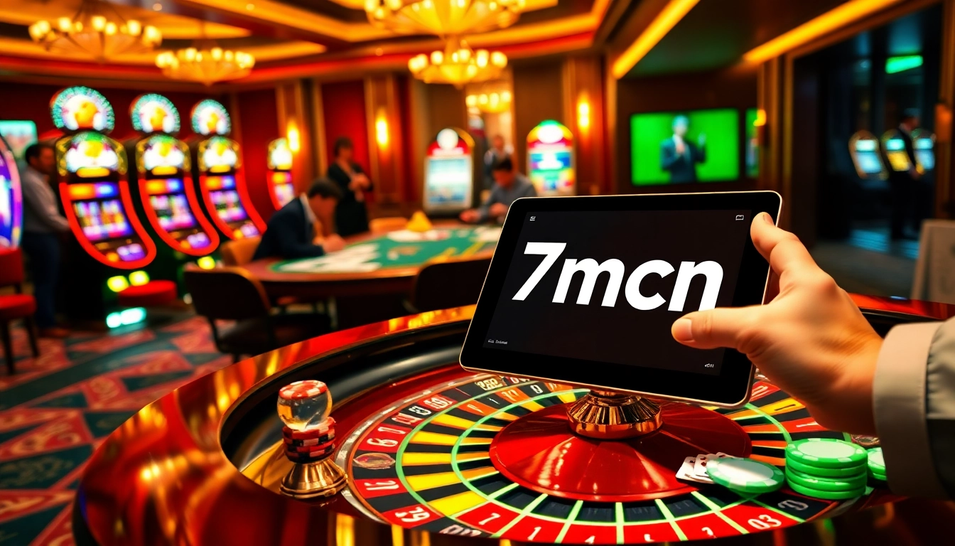 Engage with 7mcn through a thrilling casino scene featuring vibrant roulette and poker tables.