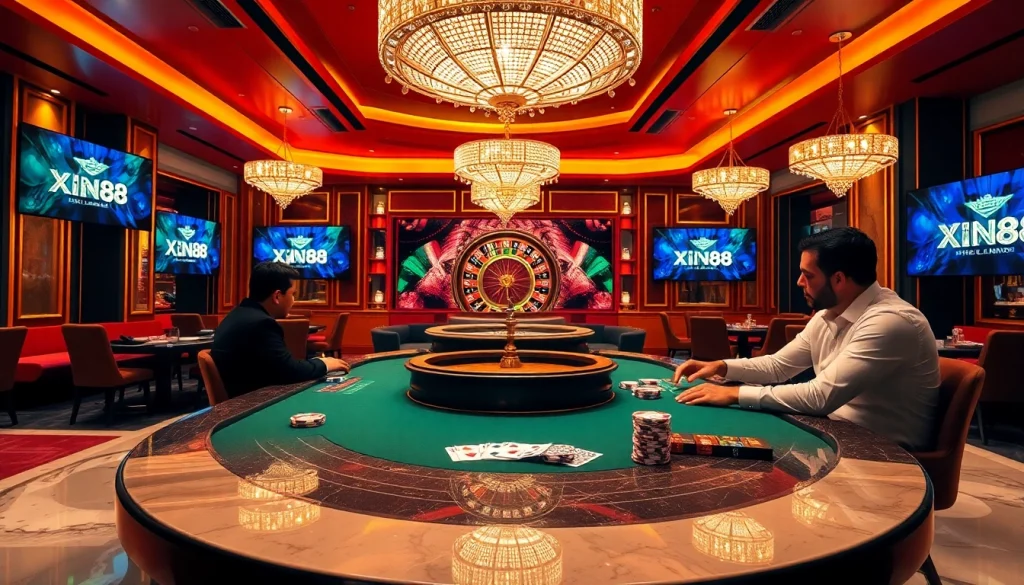 XIN88 players enjoying an engaging poker game in a vibrant casino atmosphere.