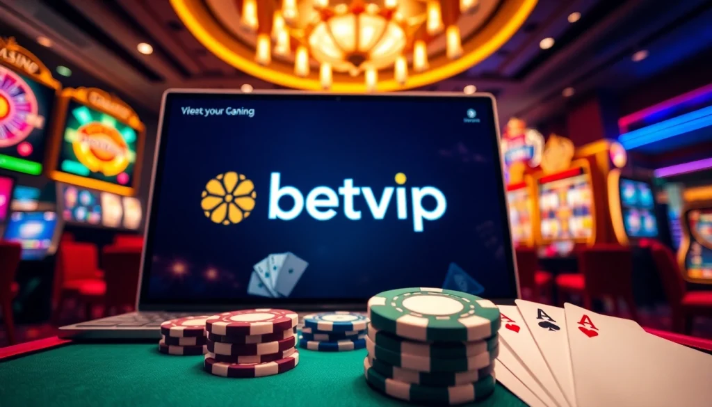 Cảnh Betvip với chip poker và các trò casino trực tuyến sống động.