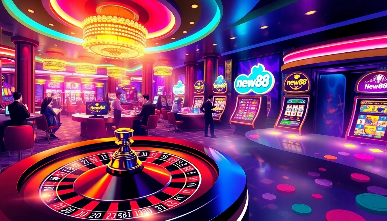 Experience the thrill of new88 with vibrant casino tables, spinning roulette wheels, and eager players.