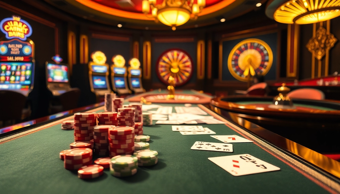 A luxurious casino experience at https://abc8phi.com/ with elegant betting tables, vibrant slot machines, and golden lighting.