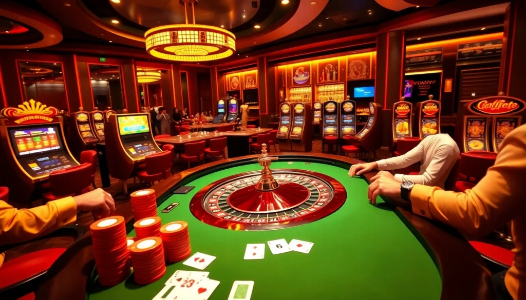 Experience thrilling gameplay at rr88com with players gathered around a high-stakes roulette table amidst luxurious casino decor.