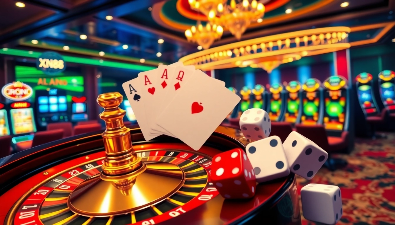 Experience the thrill of XN88 with vibrant casino elements like poker cards and roulette.