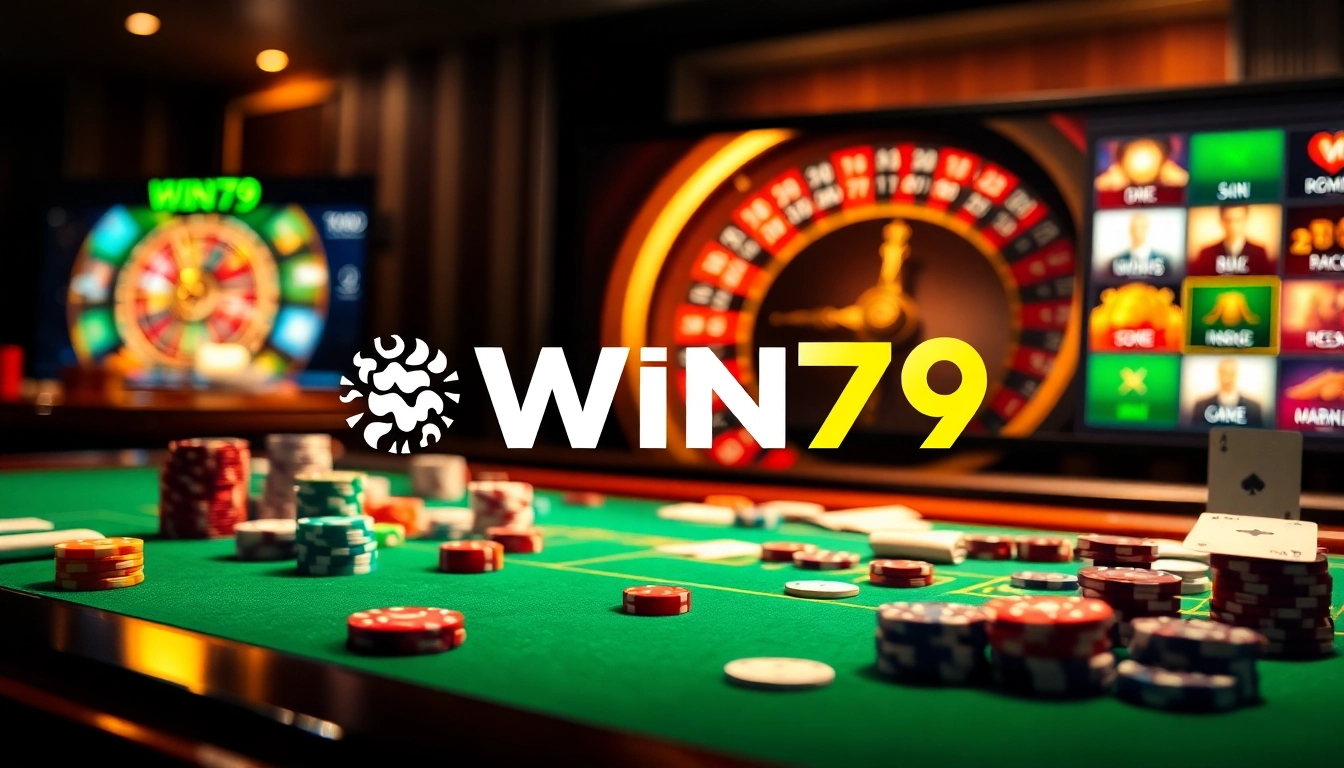 Engage with Win79's thrilling casino experience featuring poker, roulette, and vibrant gaming elements.