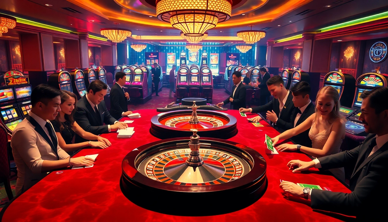 Engaging players at casino tables and a roulette wheel embody the excitement of https://23win.hiphop/.