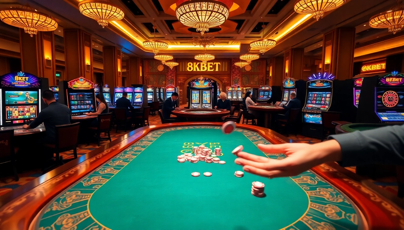 Exciting casino atmosphere with players enjoying various games at 8KBET.