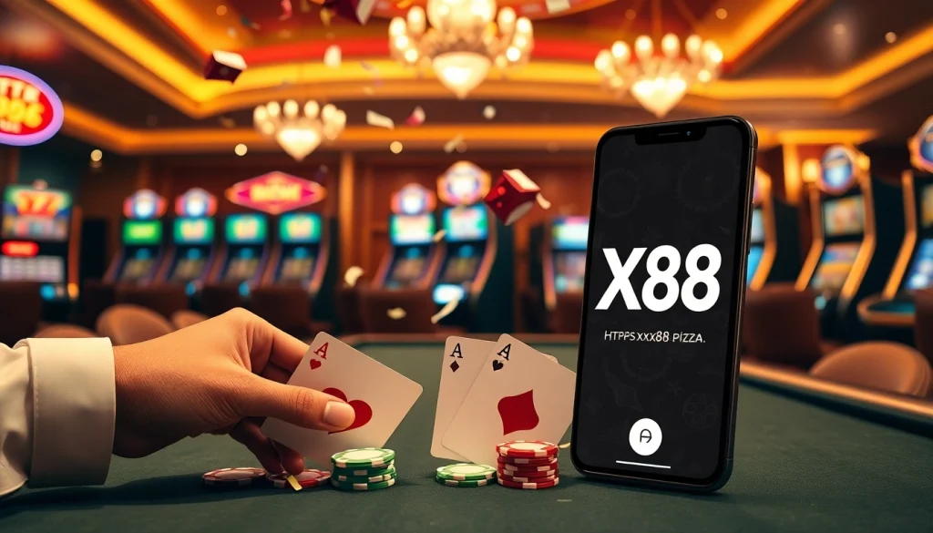 Winning at the poker table with chips and cards at https://xx88.pizza/ Casino excitement captured.