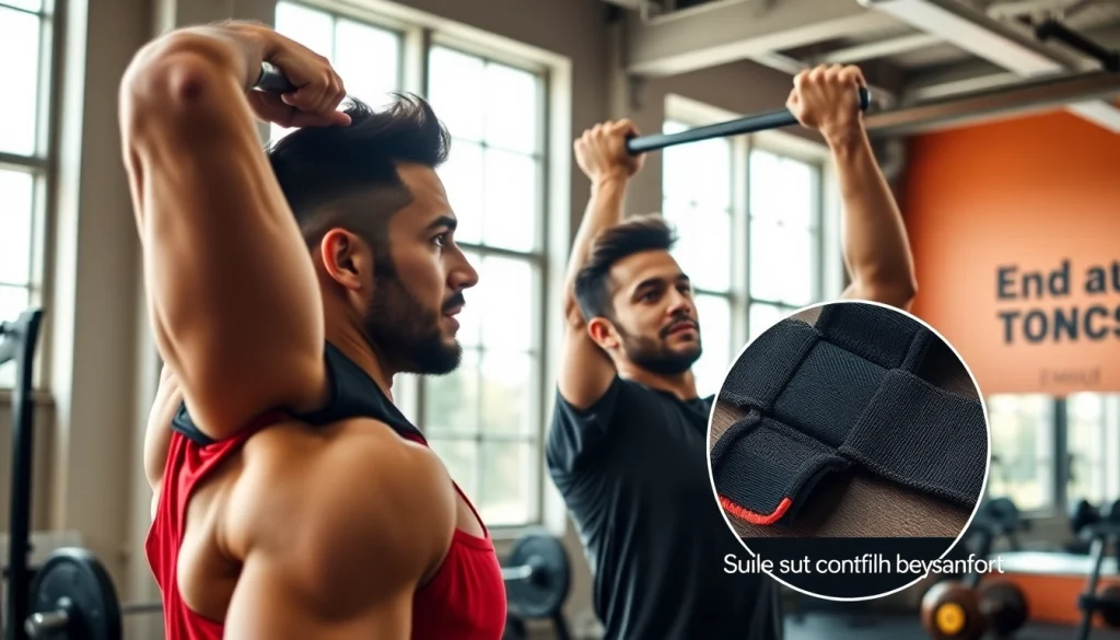 Shoulder brace for weightlifting supports athletes during overhead press in a vibrant gym setting.