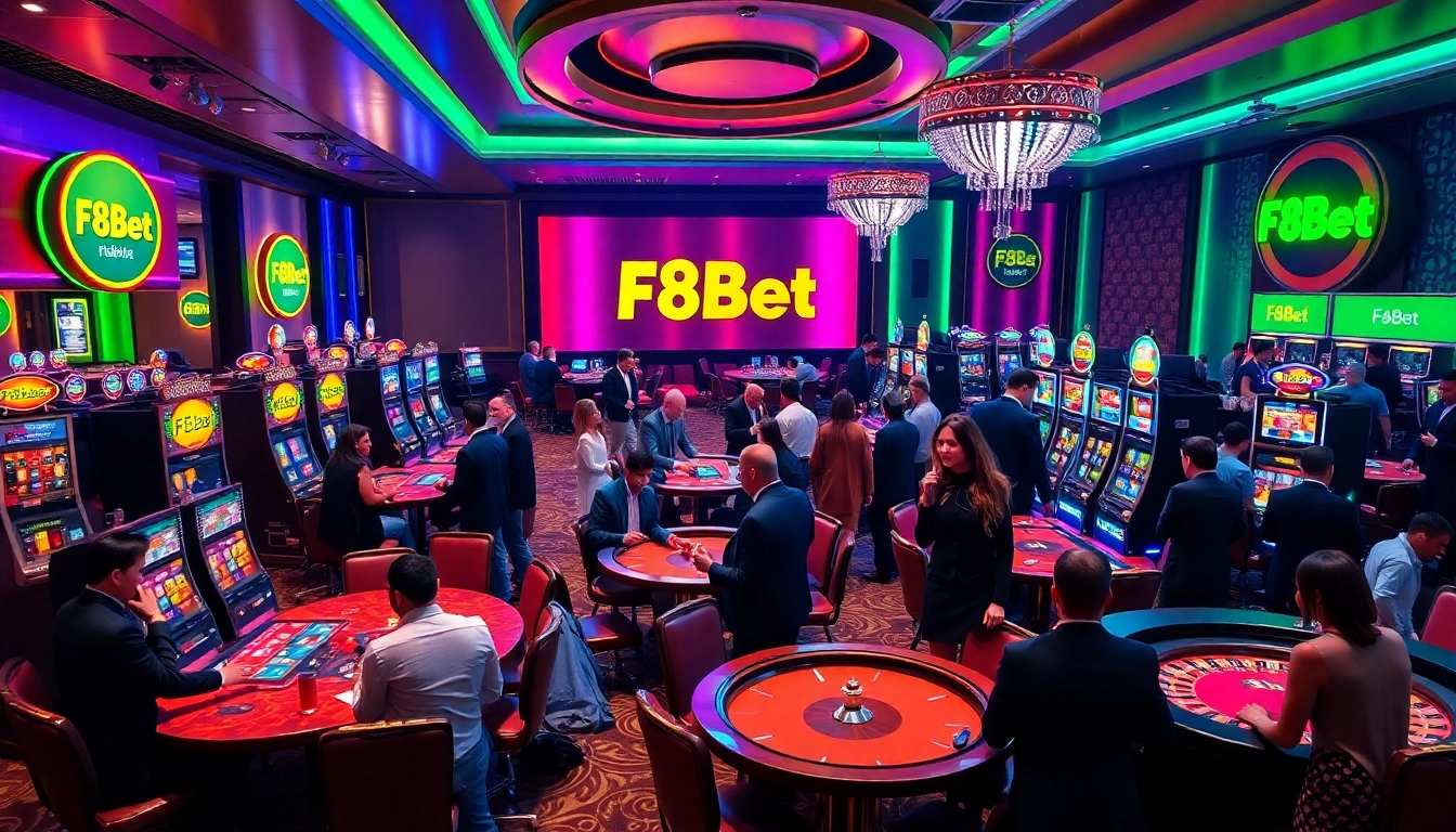 Players engaging in thrilling moments at F8Bet casino with vibrant slot machines and poker tables.