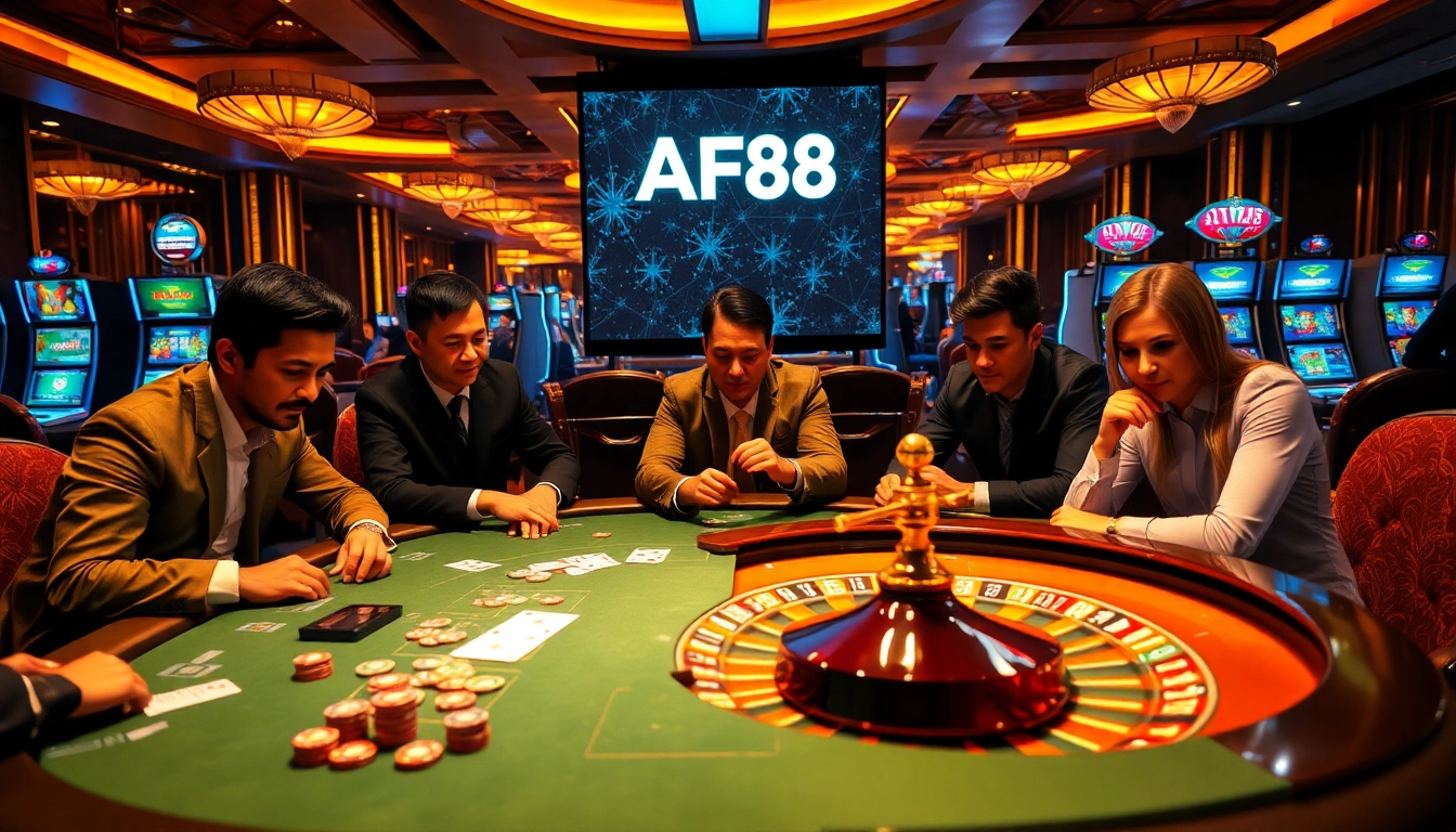 Players enjoying a high-stakes poker game at AF88's luxurious casino.