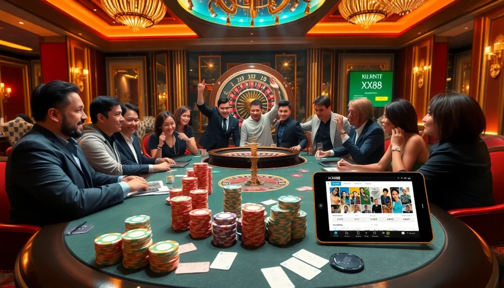 Experience the thrill of online gambling at https://xx88.promo/ featuring a vibrant casino scene with poker chips and excitement.
