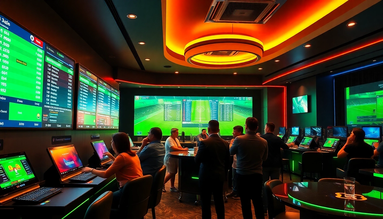 ta88 bóng đá betting excitement with bettors in a vibrant sports lounge environment