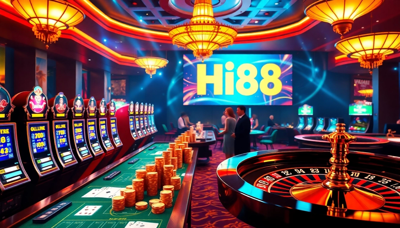 Engaging gaming scene at Hi88 featuring slot machines, poker chips, and roulette wheels.
