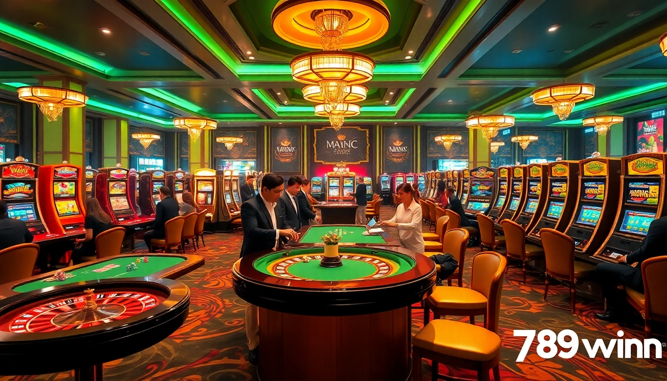 Engaging scene at a 高may 789win casino with players at tables, roulette wheels, and vibrant slot machines.