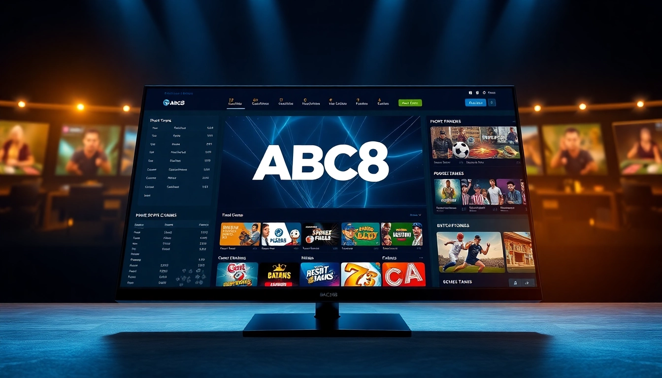 Interactive screen of ABC8, featuring sports betting interface and vibrant game showcases.