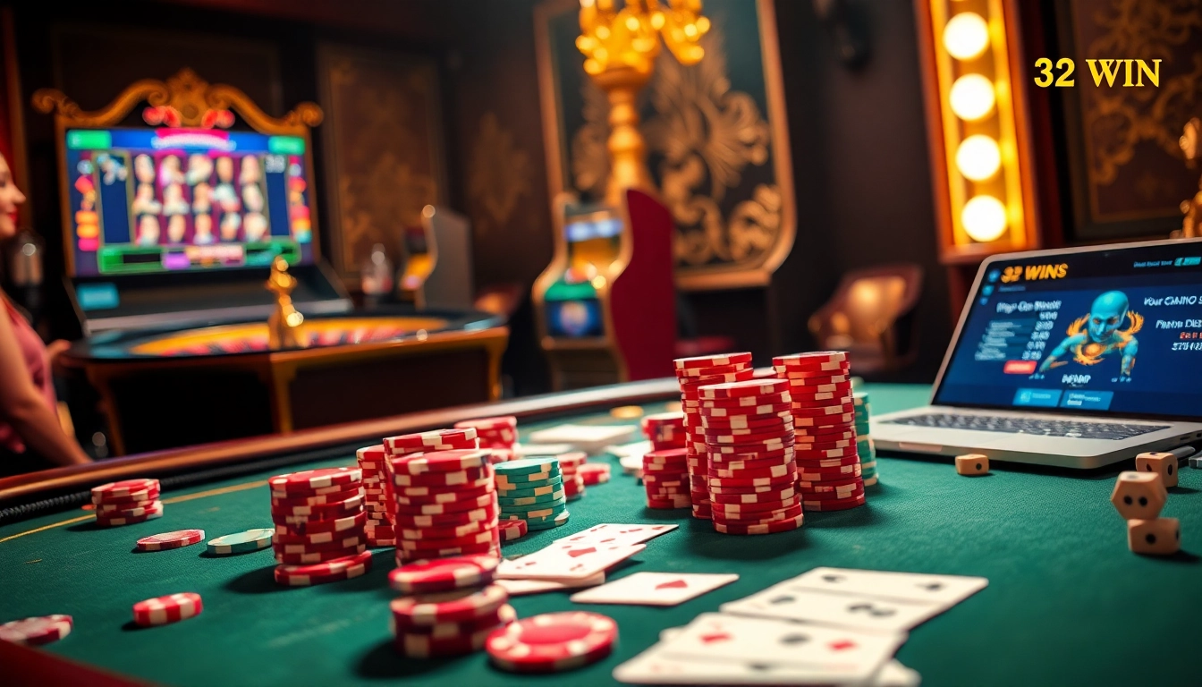 Experience the thrill of high-stakes poker at 32 WIN with a luxurious setup of colorful chips and polished cards.
