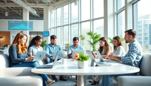 Dynamic coworking space illustrating professionals using wps下载 to enhance productivity.