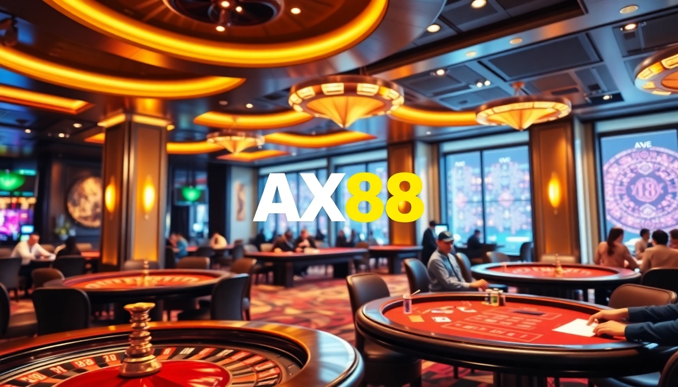 Players enjoying gaming action at AX88 casino with vibrant roulette wheel and poker tables.
