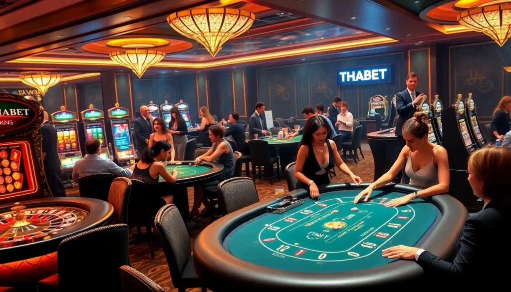 Thrilling gaming environment at THABET showcasing vibrant tables and glamorous dealers.