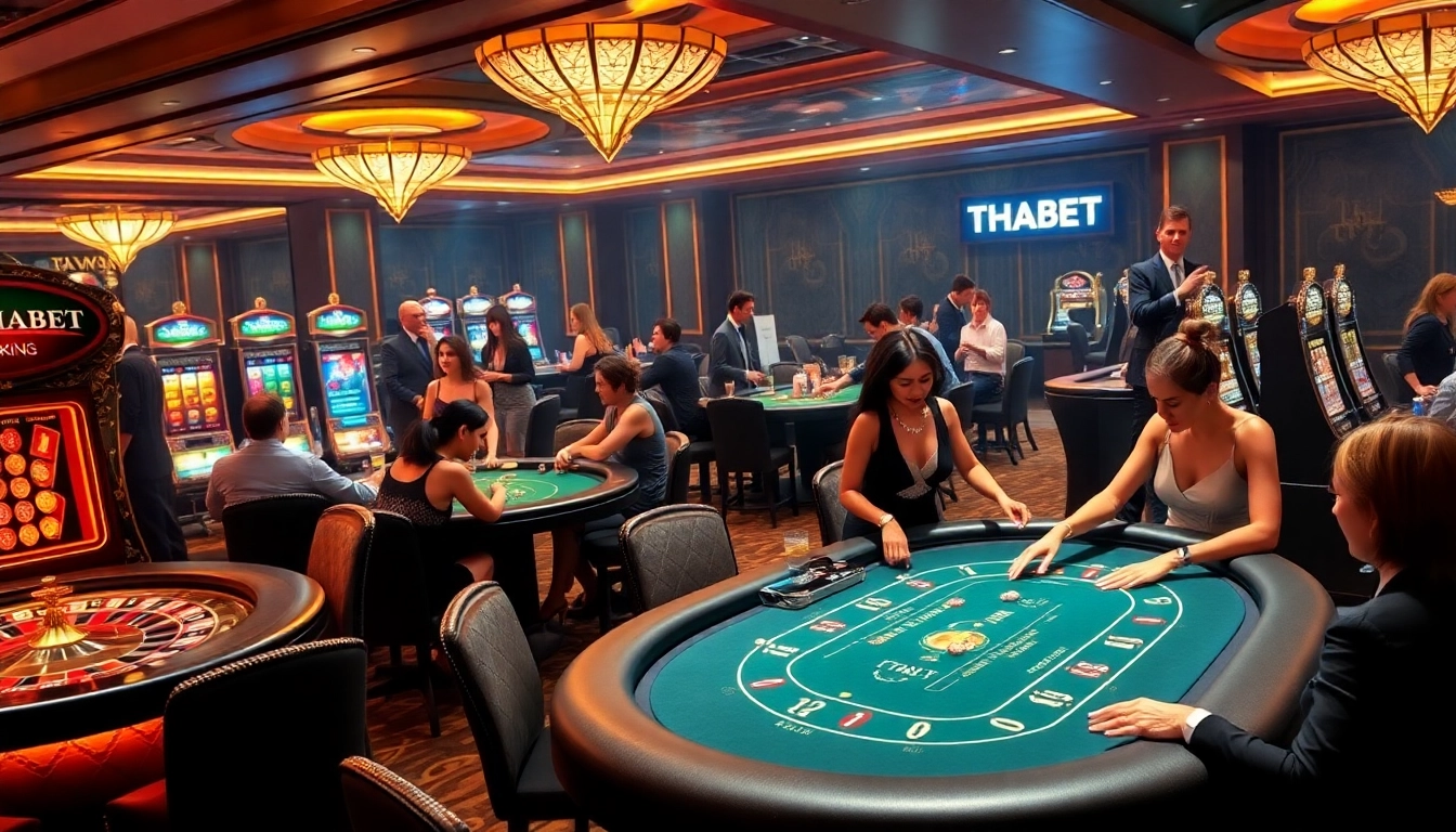 Thrilling gaming environment at THABET showcasing vibrant tables and glamorous dealers.