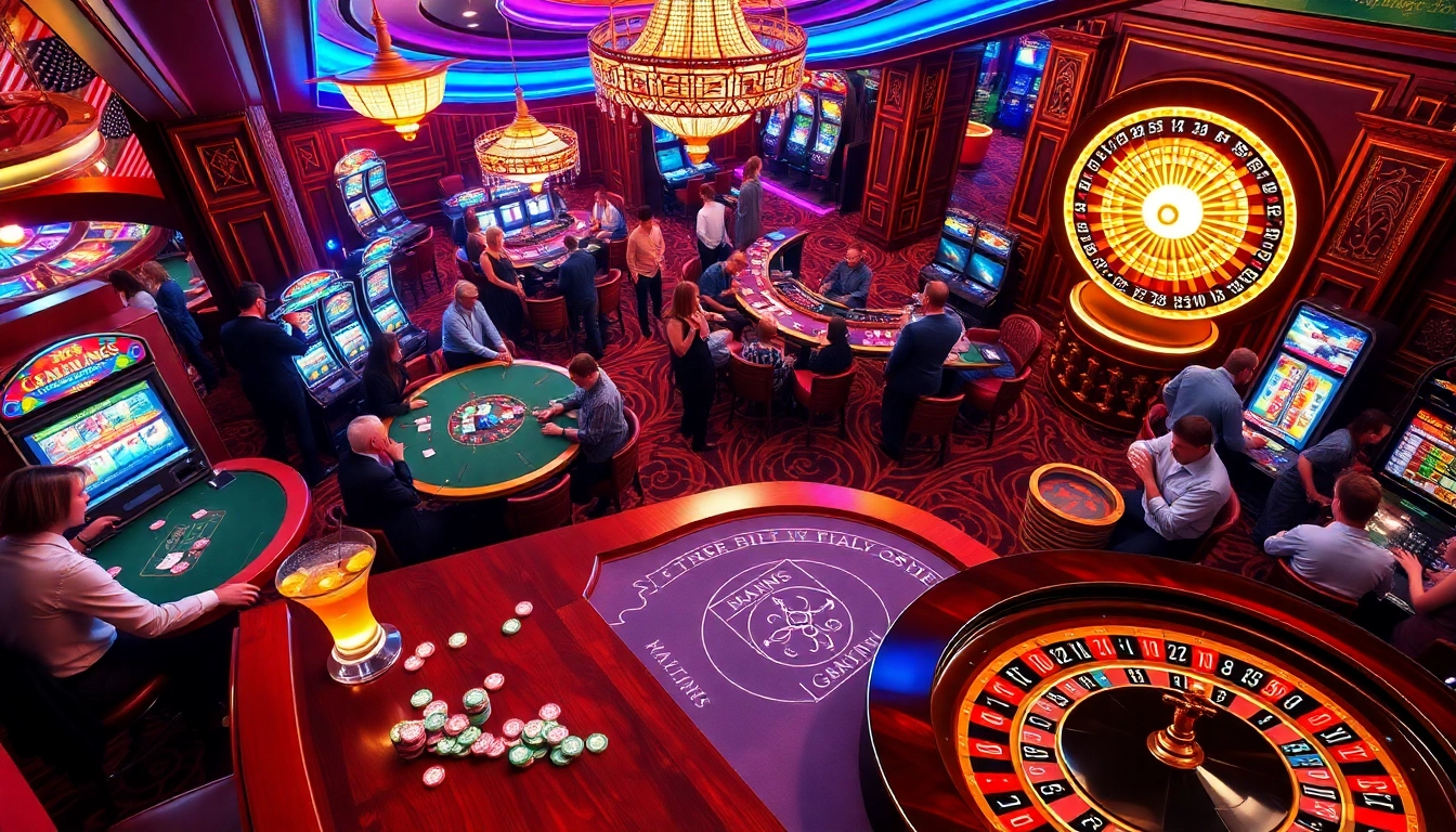 Experience the excitement of 9bet with luxurious casino tables and flashing slot machines.