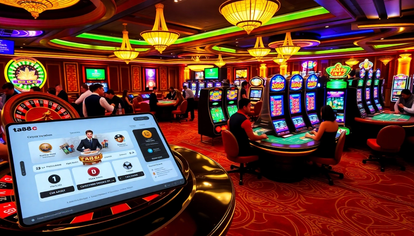 Players enjoying high-stakes games at ta88c casino with luxurious tables and vibrant atmosphere.