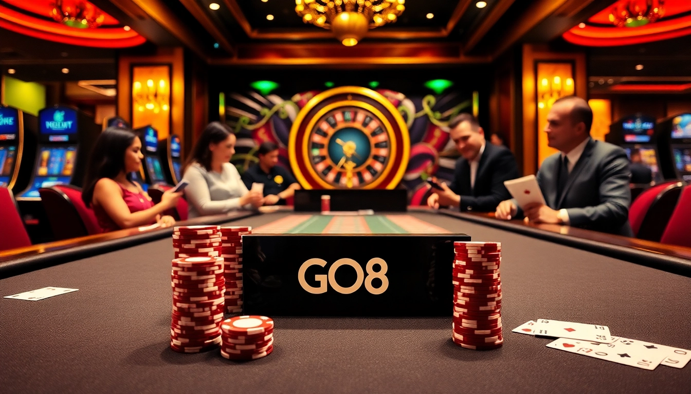 Engaging GO8 poker scene with stacks of chips, cards, and vibrant casino atmosphere.