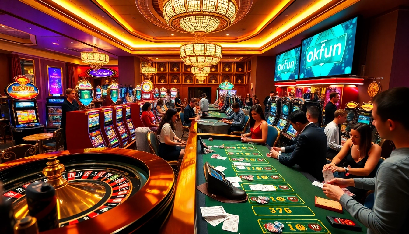 Experience the excitement of Okfun on a luxurious casino floor filled with vibrant games and players.