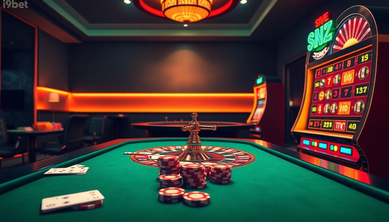 i9bet players enjoying excitement at a virtual casino with poker chips and roulette wheel