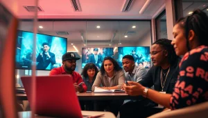 Hip hop PR agency professionals collaborating in an innovative office environment to boost artists' visibility.