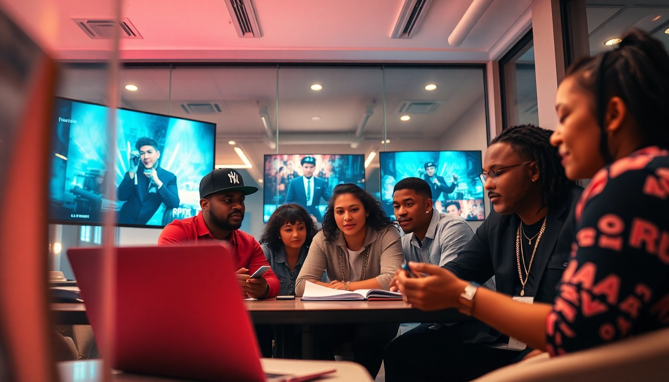Hip hop PR agency professionals collaborating in an innovative office environment to boost artists' visibility.