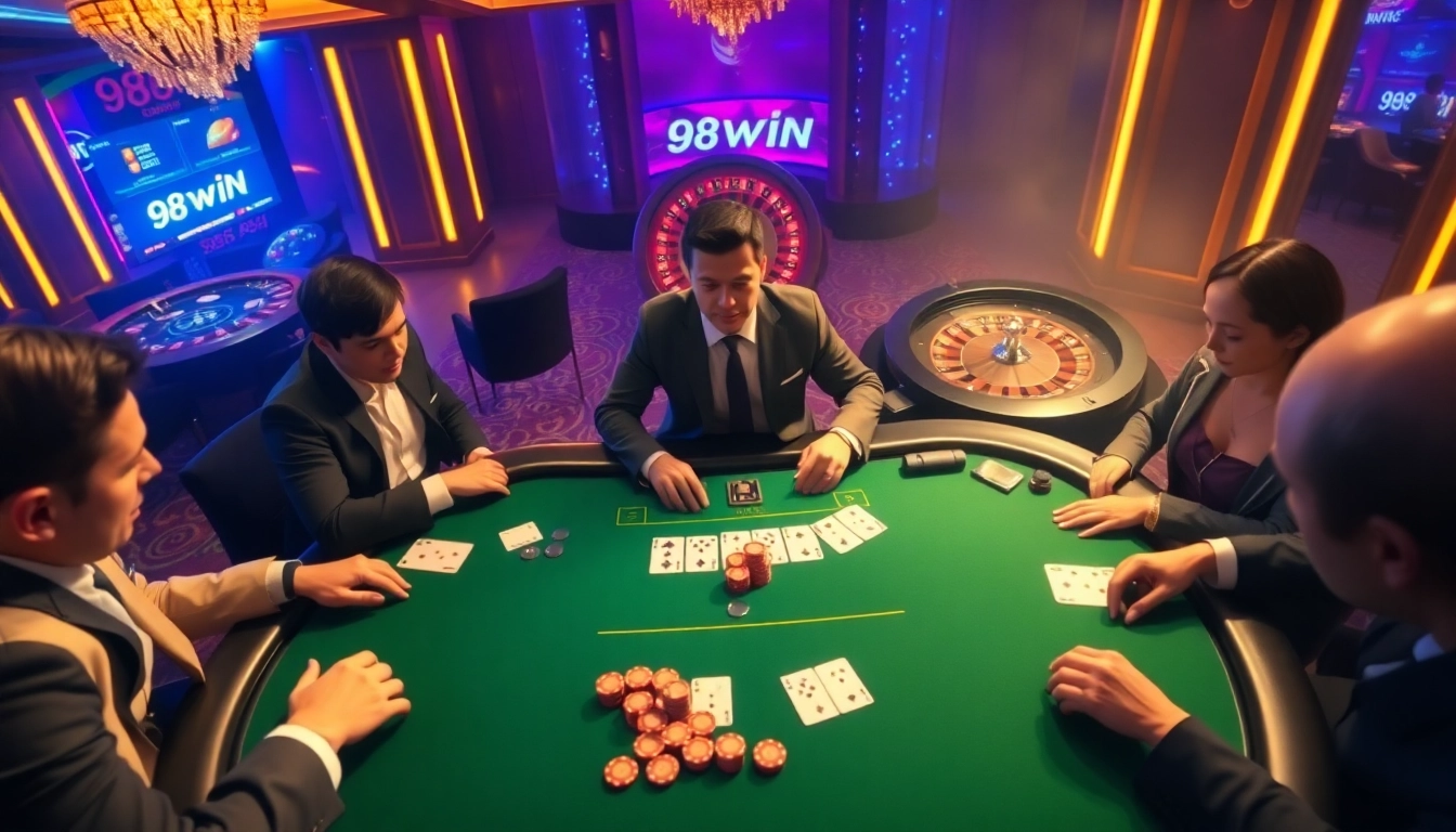 Players engaging in an intense poker game at a luxurious 98win casino, showcasing excitement and strategy.