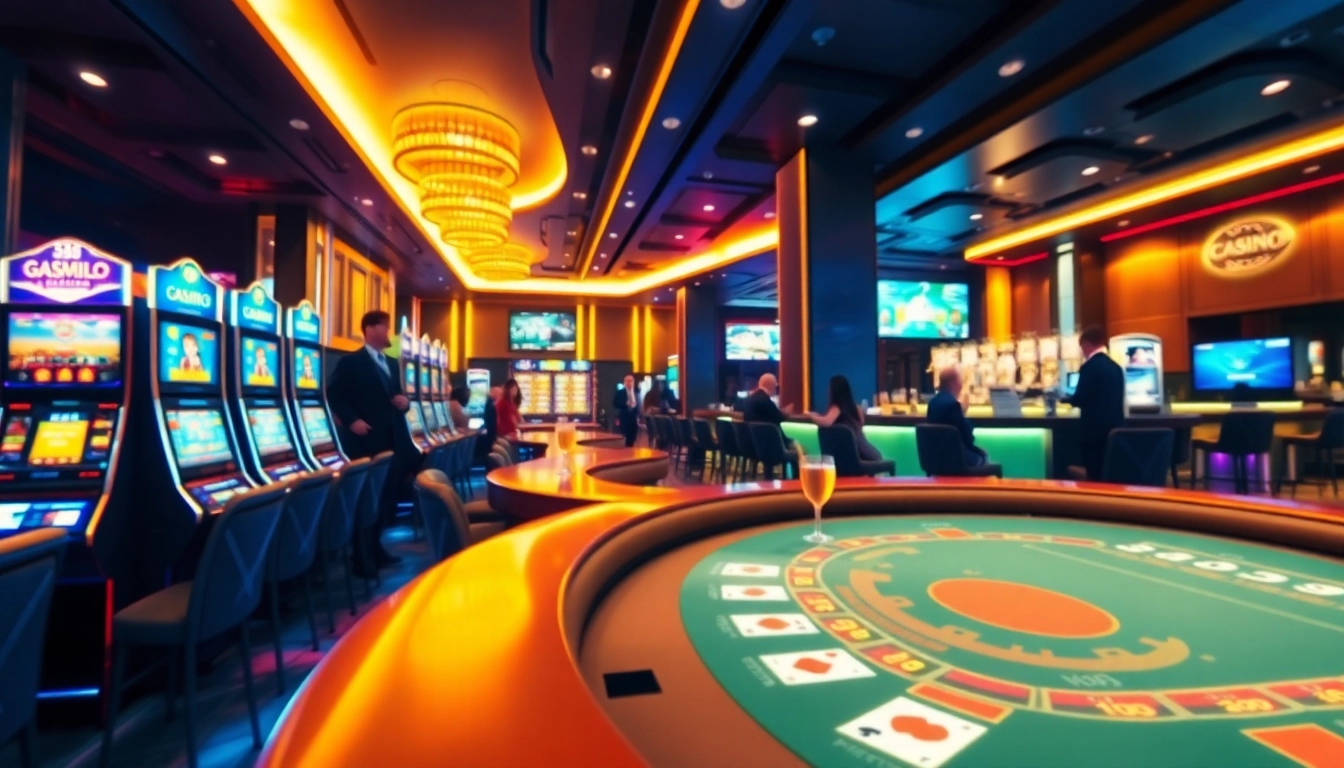 Exciting casino scene featuring fly88 okvip with vibrant slot machines and gaming tables.