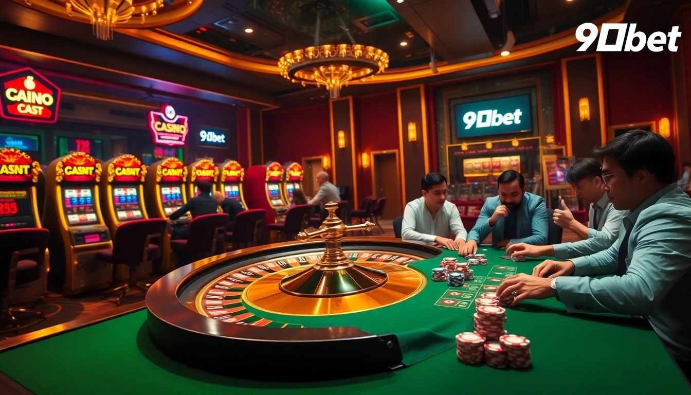 Players enjoying a thrilling game of poker at 9Dbet casino, with vibrant slot machines in the background.