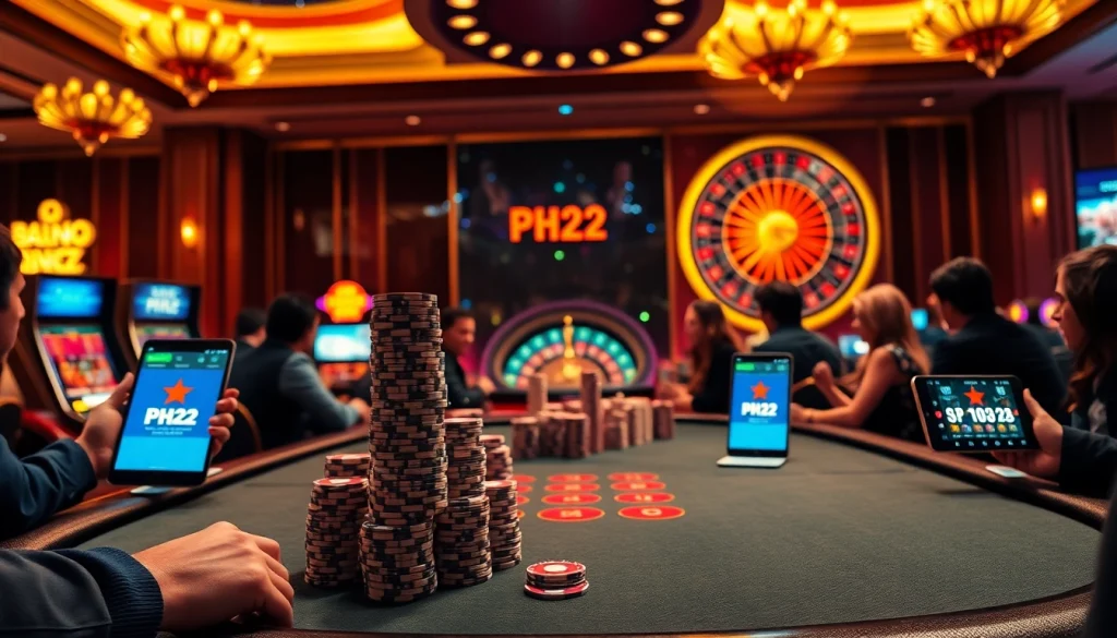 Experience thrilling gameplay at PH22 casino with vibrant poker tables and slot machines.