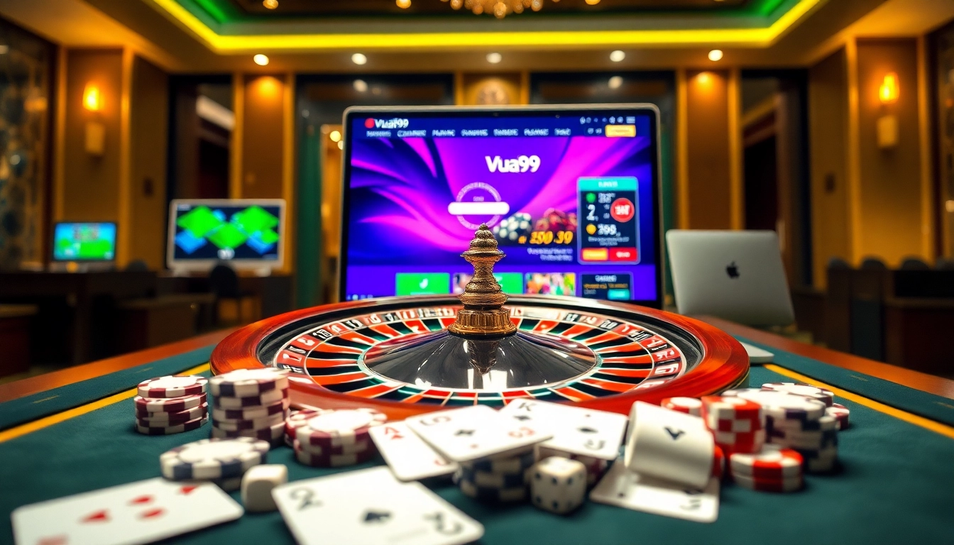 Vua99 roulette wheel and gaming elements creating an immersive online casino atmosphere.
