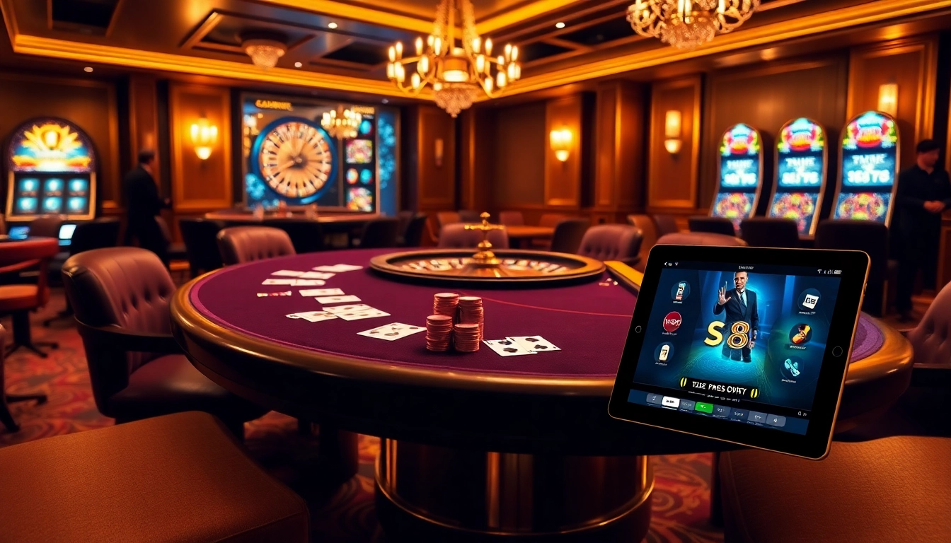 Engage in thrilling poker action at the S8 casino table surrounded by vibrant slot machines.